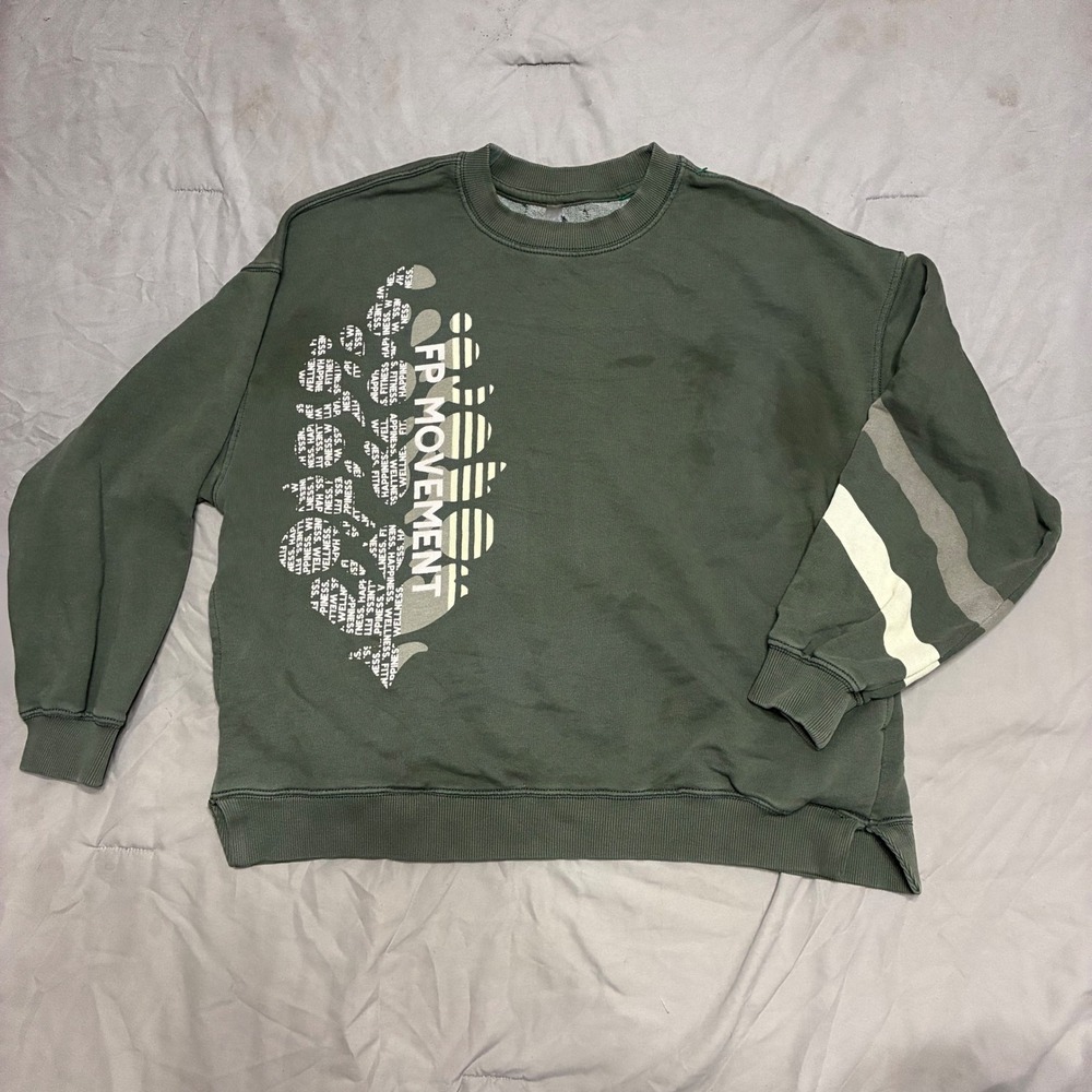 FP Movement Free People Sweatshirt Olive Green Graphic Stripe Sleeve Pullover